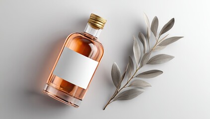 A clear glass bottle with a rose-gold cap and blank label rests on a white background, next to a sprig of gray-green eucalyptus