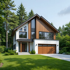 Beautiful modern contemporary house with wood siding and a two-car garage in a forest setting.