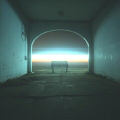 Empty archway, bench, ethereal sunrise