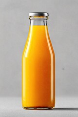 A clear glass bottle with a silver cap, filled with vibrant orange juice, stands against a neutral gray background