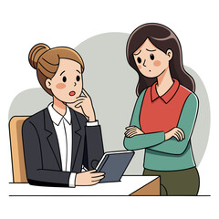 Professional female lawyer providing legal consultation to worried client vector illustration symbolizing justice, legal advice, advocacy, courtroom support, attorney guidance