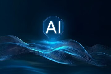 AI logo with a glowing blue light, set against a digital waves background. 3D rendering, 