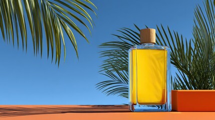 Golden perfume bottle, tropical leaves, vibrant colors