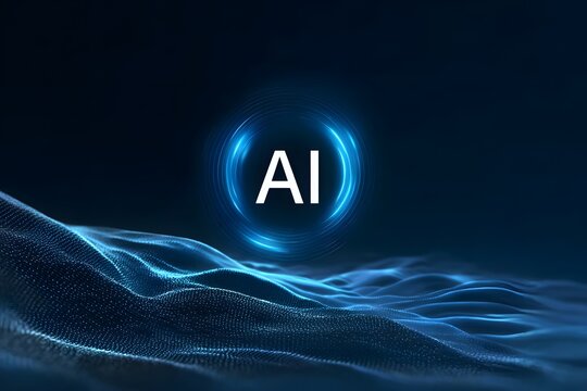 AI logo with a glowing blue light, set against a digital waves background. 3D rendering, 