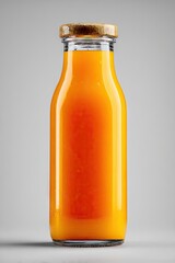 A clear glass bottle with a wooden cap, filled with vibrant orange juice, sits on a neutral gray background.  The juice is slightly pulpy, showing its natural texture
