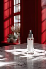 A clear glass bottle with a silver spray top sits on a marble surface, bathed in sunlight streaming through red-framed windows.  The background is blurred, showcasing a red wall and subtle plant life