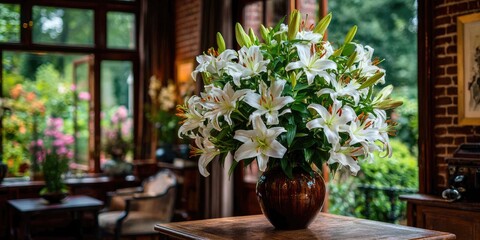 A grand bouquet of lilies in a room with large windows