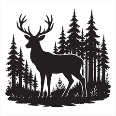 Silhouette of a proud buck with large antlers standing among evergreen pine trees in a natural woodland setting
