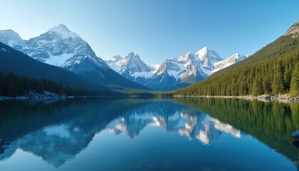 Serene mountain landscape wallpaper features calm lake reflecting snow-covered peaks, dense pine forests. Clear blue sky above. Ideal for backgrounds, nature lovers, travel themes, image evokes