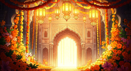 An ornate indian archway is adorned with glowing lanterns and vibrant marigold garlands creating a festive and welcoming entrance