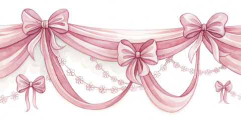 pink ribbon bow border with draped swags and pearl dots watercolor decorative garland isolated on white background.