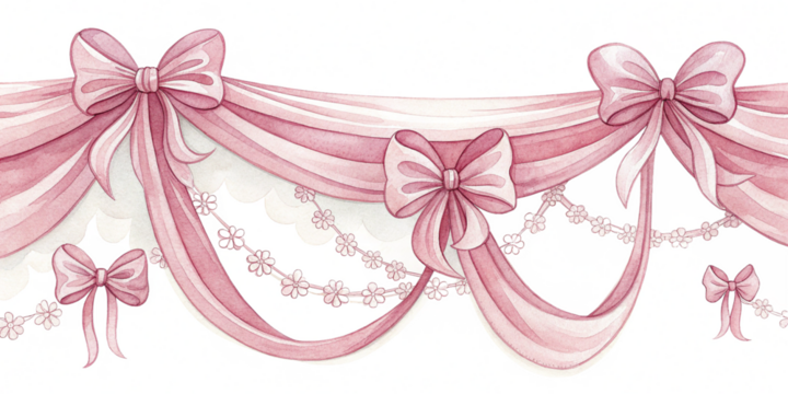 pink ribbon bow border with draped swags and pearl dots watercolor decorative garland isolated on white background.