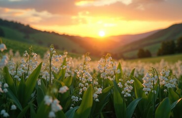 Field of delicate white lily of valley flowers at golden hour sunset. Soft light illuminates green landscape, rolling hills. Natural beauty of spring blossoms creates serene, romantic atmosphere.