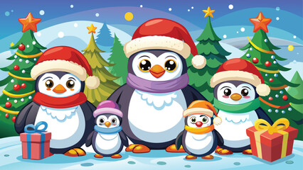 A cheerful cartoon snowman in a red hat and scarf stands with a Christmas tree, ready for a fun winter holiday celebration