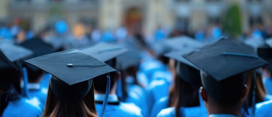 The Graduates Wearing Black Mortarboards and Blue Gowns at Outdoor Commencement Ceremony