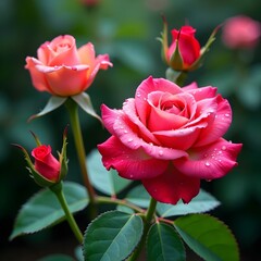 Pink and Peach Roses with Dewy Raindrops in a Lush Green Garden