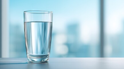 A clear glass of water sits on a pale surface before a blurry, light-blue background suggesting an outdoor view