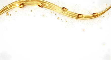 Elegant golden liquid wave with sparkles, flowing across white background.