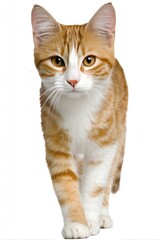 Adorable orange and white tabby kitten walking towards the viewer. Isolated on a white background, showcasing its expressive eyes and soft fur