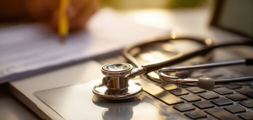 The stethoscope resting on a laptop during a medical consultation session.