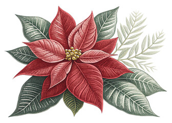 Obraz premium watercolor red poinsettia flower with green and cream foliage christmas botanical illustration art isolated on white background.