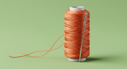 Bright Orange Thread Spool with Unraveling String Craft Tool on Green Surface