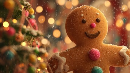 Gingerbread man cookie with frosted detail in the foreground, lit Christmas tree with bulbs and snowy effect in background