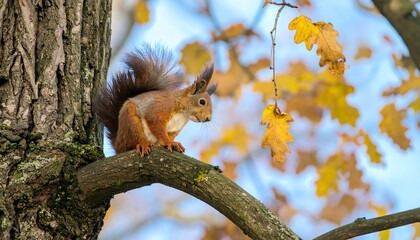 Obraz premium Squirrel perched on tree branch in autumn
