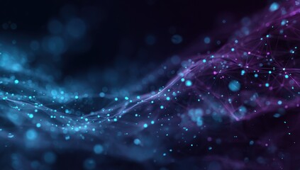 Abstract digital network graphic.  Blurred lines of light blue and purple particles, connected by thin lines, create a flowing, wave-like pattern on a dark background