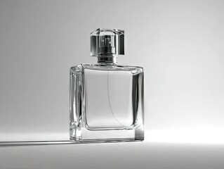 A clear glass perfume bottle with a square base and afaceted, silver-toned cap casts a subtle shadow on a light grey background