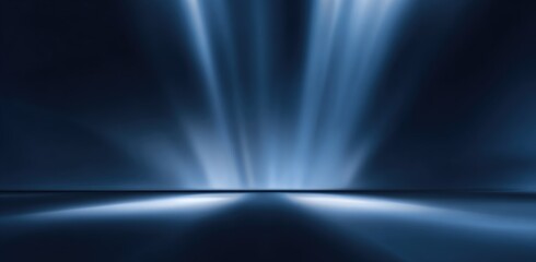 Blue rays project upwards from a reflective surface in a dark setting. The light creates a minimalist and ethereal scene