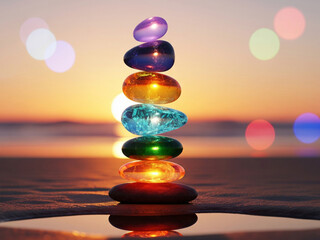 Balanced Cairn of Luminous Gem Stones on a Sunset Beach with Bokeh Effect