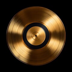 A golden vinyl record is centered on a black background, reflecting light and showing concentric grooves and layers