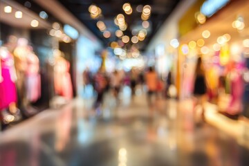 Fototapeta premium Bokeh lights and blurred figures populate a shopping mall hallway with storefronts along the sides, creating a festive, yet unfocused atmosphere