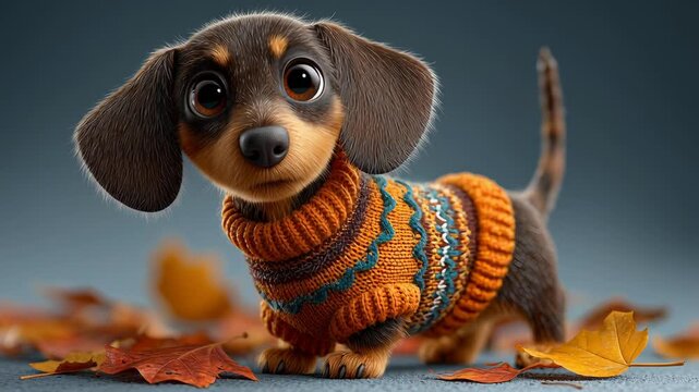 Adorable dachshund puppy wearing a colorful knitted sweater, standing among autumn leaves with a soft blue background.