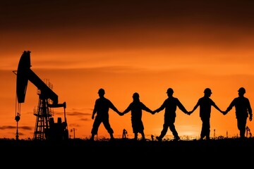 Obraz premium Silhouettes of workers stand near oil rigs against the warm glow of sunset. The scene highlights energy labor in a striking industrial setting.