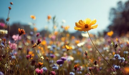 Vibrant meadow of wildflowers, a single bright yellow flower stands out