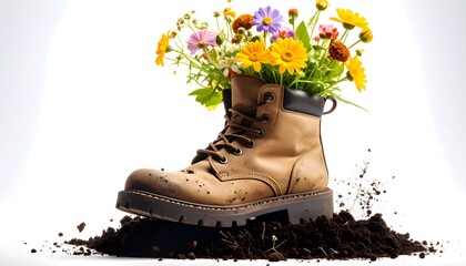 Work Boot Overflowing with Colorful Wildflowers on Dirt