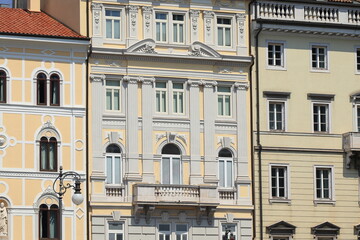 Piazza della Borsa Square Building Facades Close Up in Trieste, Italy
