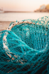 Gallipoli fishing nets detail with turquoise ropes and Mediterranean backdrop