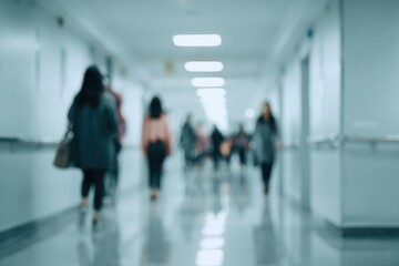 Blurry hospital hallway with people walking. Soft light highlights floor reflections. Anonymous figures create a sense of movement in the sterile environment