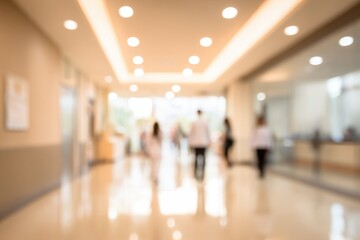 An out-of-focus, sunlit hallway scene with multiple people in white coats walking away, depicting a bright, clean, institutional or medical environment