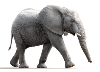 Obraz premium A majestic, solitary grey elephant strides purposefully across a stark white background, showcasing its powerful form and textured skin