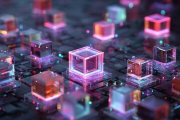 Abstract digital cubes, glowing, translucent,  and complex