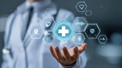 A healthcare professional is using a digital interface to monitor patient health statistics and medical data in a high-tech medical facility during the daytime