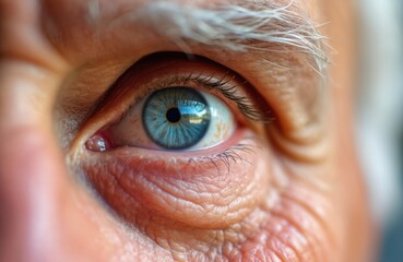 Macro view of a senior man striking blue eye, detailed with wrinkles and conveying wisdom. The extreme close-up captures intricate skin texture and a thoughtful expression, reflecting a life lived.