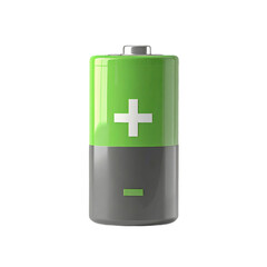Fototapeta premium A green and gray cylindrical battery with a positive sign on the upper part and a negative sign on the lower part, representing stored electrical energy