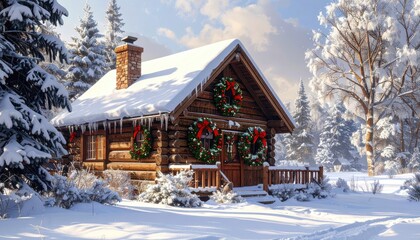 A charming log cabin, adorned with festive wreaths, nestled within a snowy forest landscape, exudes a peaceful winter wonderland atmosphere.