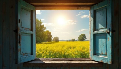 View through open teal painted shutters reveals vast sunny yellow field. Blue sky with clouds, bright sun shine. Distant trees, rolling hills create peaceful landscape. Warm daylight brightens scene.