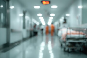 A softly focused, long, pale corridor with a metal gurney on the right. The blur suggests movement & activity within an institutional environment